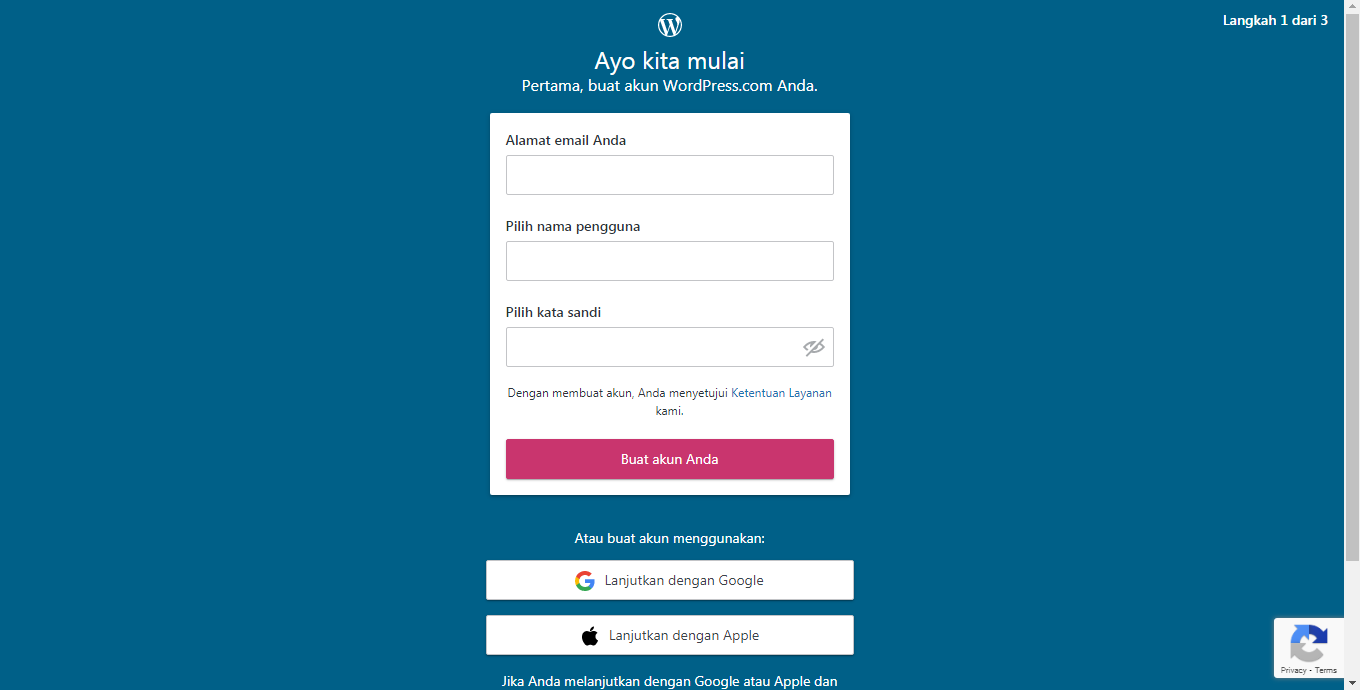 Masukkan Email, Nama Pengguna dan Password. WordPress